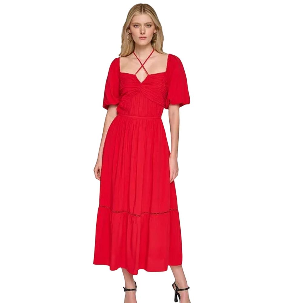 KARL LAGERFELD PARIS Women's Tie-Neck A-Line Red Midi Boho Dress Size 8